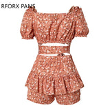 Women Chic Crop Top Gdisty Floral Ruffle Hem Lace Up Short Sleeves Cris Cross Mini Sexy Vacation Short Sets-Outfit