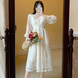 Lace Dress Women Elegant V-neck A-line Puff Sleeve Midi Dresses Vintage Hollow Out Summer 2021 Ladies Dress Vestido