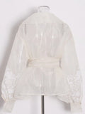 Toloer Retro Palace Style Top Autumn 2024 New Organza Lapel Lantern Sleeve Lace Printed Shirt Girl-Outfit