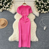 Style Temperament Knitting New High-End Collar Single Buckle Short Sleeve Slimming French Style Long