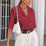 Sleeve Satin Blouse Women 2023 Summer Notched White Silk Shirt Elegant Office Lady Simple Button Up Casual Shirts