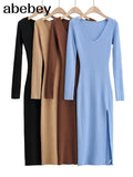 women solid elegant v neck sweater dress long sleeve ladies side open midi dress