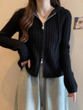 Short Knitted Cardigan Women's Short Sweater Coat Spring And Autumn Korean Style Stylish Double Zipper-Outfit