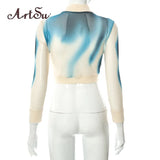 Fashion Aesthetic Y2K Print Long Sleeve Mesh See Through T-Shirts Women Sexy Cropped Top Tees Clothes