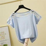 Size Summer Short Sleeve Tshirt Women Loose Korean Slim Ice Silk Solid T-shirt O Neck Chic Splicing Casual Tee Blusas