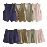 Autumn Style New Style Tooling Style Solid Color Slim Vest Shorts Leisure Suit-Outfit