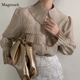 Style Elegant Pleated Shirts Spring Turn Down Collar Blouse Women Solid Single Breasted Lantern Sleeve Tops Blusas