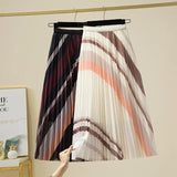 Fashion Patchwork Striped Print Pleated Skirt Elegant Office Lady Commute All-match Elastic High Waist Tulle Midi
