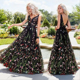 Fashionable Sexy Deep V Sleeveless Embroidered Dress Slim Bare Back Swinging Dress Prom Dress Long Dress-Outfit