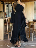 Black Tassels Hem Loose One Sleeve Ankle Length Dresses Women One Shoulder Tassels Elegant Party Dresses Autumn New-Outfit