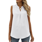 Solid Color Chiffon Leisure Shirt Loose V-neck Pullover Sleeveless Top