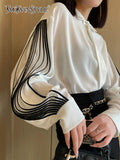Straight Patchwork Shirt For Women Lapel Lantern Sleeve Colorblock Loose Blouses Female Clothing Style 2022