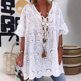 Toloer Women's New V-Neck Hollow Embroidered Blouse Short-Sleeved