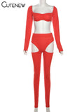 Unique Hollow Solid 2 Piece Set Women Concise Full Sleeve Square Neck Crop Tops+High Waist Slim Pants Female Streetwear-Outfit