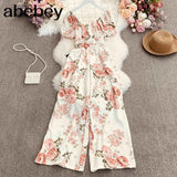 New Summer Women Slash neck off shoulder puff sleeve Jumpsuit elastic waist slim print wide leg Pants
