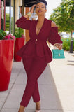 Elegant Ruffles Lace Cut Out Shoulder Long Sleeve Blazer And Pant