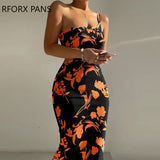 Women Elegant Midriff All Over Print One Shoulder Spaghetti Strap Knitting Party Sexy Dress-Outfit