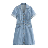 Spring Denim Waist Short-Sleeved Mini Dress 1879038-Outfit
