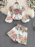 Two Piece Shorts Outfit Women Bow Neck Puff Sleeve Floral Print Single Breasted Shirts and Belt Pockets Shorts Set