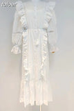 Ruffle Trim White Dress For Women V Neck Lantern Sleeve High Waist Cut Out Solid Ankle Length Dresses Female