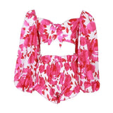 Print Two Piece Set Women Square Neck Lantern Sleeve Hollow Out Sexy Tops High Waist Shorts Suit Female