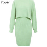 Autumn Women Two Piece Sets Skirt Long Sleeve Pullover Sweater And Straps Knitted Maxi Dress Sets Elegant 2 Piece