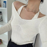 Fake Two-piece T-shirt Long Sleeve Halter Black Tops Knit Slim Sweater Tops Women Autumn Spring Sexy Female Tee