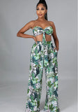 Sexy Strapless Sleeveless High Waist Leaf Print Loose Two Piece Pants