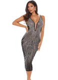 Plus Size Black Deep V Neck Sleeveless Rhinestone Midi