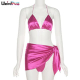 Puss 3 Piece Sets Women Vacation Outfits Summer Sexy v-Neck Midnight Clubwear Top+Thong+Skirt 2021 Lace Up Matching