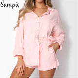 Tracksuit Women 2020 Casual Lounge Wear Shorts Set Long Sleeve Blouse Tops And High Waisted Mini Shorts Two Piece