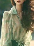 Toloer Elegant Exquisite Beauty Green Collar Long-Sleeved Shirt Women Spring And Autumn Yangqi Small Sun Protection