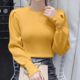 Elegant Puff Sleeve Sweaters Women Autumn Winter Metal Buttons Knitted Pullovers Woman 2023 Solid Color Women's