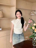Wind Pink Bow Short-Sleeved Sweater Summer Design Wrinkled Slim Small Flying Sleeve Chic Blouse-Outfit
