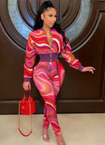 Multi-Color Print Zipper Crop Top and Pants Two Piece