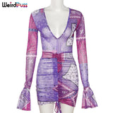 Puss Mesh Sexy Women Long Sleeve Dress Drawstring Bandage Deep V Skinny Mini Bodycon 2021 New Fashion Prom Party