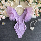 Women Girl Soild V Neck Mesh Ruffle Lotus Leaf Sleeve Bodysuits Swim Beach Holiday Bodysuit Rompers