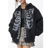 Skeleton Print Zip Up Loose Oversized Hoodie-Outfit