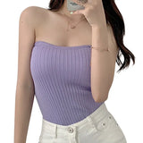 Tops, Summer Solid Color Sleeveless Strapless Ribbed Pullover Casual Vest for Adult Women-Outfit