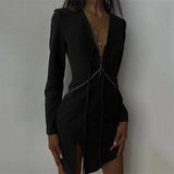 Elegant Fashion Office Lady Tie Up Mini Dress for Women Spring Fall Sexy Club Party V-Neck Bodycon Dresses
