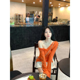Thin Wears Slimy Shoulder T-Shirt Top High Waist Straight Bag Hip Skirt Two