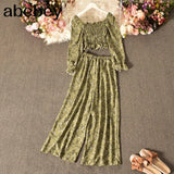 Women Autumn French Print Floral Suits Square Collar Puff Sleeve Short Tops+High Waist Wide Leg Pants Two Pieces