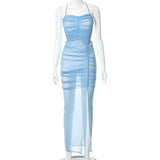 2022 Summer New Solid Color Halterneck With Suspenders Long Dress Mesh Hollow Strap Lace-Up High Slit