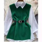 The Spring And Autumn Of 2024, The New Medium-And Long-Style Sweater Suit Shows A Thin Tie, Waist Knitted Vest Shirt And Two Sets Of Women.-Outfit