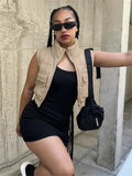 Autumn Fashion Black Jackets For Women 2022 Solid Zipper Crop Top Coats Vest Sleeveless Turtleneck Vests Puffer