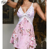 Woman Patchwork Loungewear Mini V-Neck Spaghetti Strap Guipure Lace Satin Floral Print Nightgown