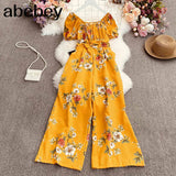 New Summer Women Slash neck off shoulder puff sleeve Jumpsuit elastic waist slim print wide leg Pants