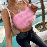 Cute Pink Fur Crop Top Women Party Club Wear Summer Camis Short Sleeveless Backless Tops Festival Clothes New