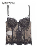 Black Lace Trim Sheer Tank Tops For Women Square Collar Sleeveless Slim Sexy Vests Female Korean Fashion