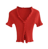 Style Summer Casual Short Sleeve Ruffles Cardigan Women Open Buttons V neck Cropped Sweater Sueters De